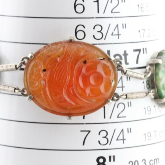 Sterling Silver Carved Floral Red Jadeite & Jade Hinged Bar Link Bracelet - 7.5" - Picture 8 of 8